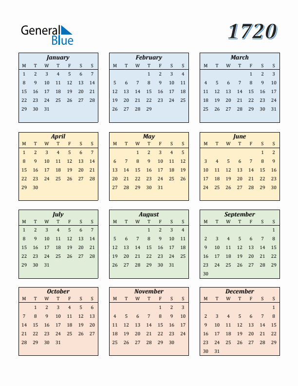 Calendar for 1720 (Monday Start)