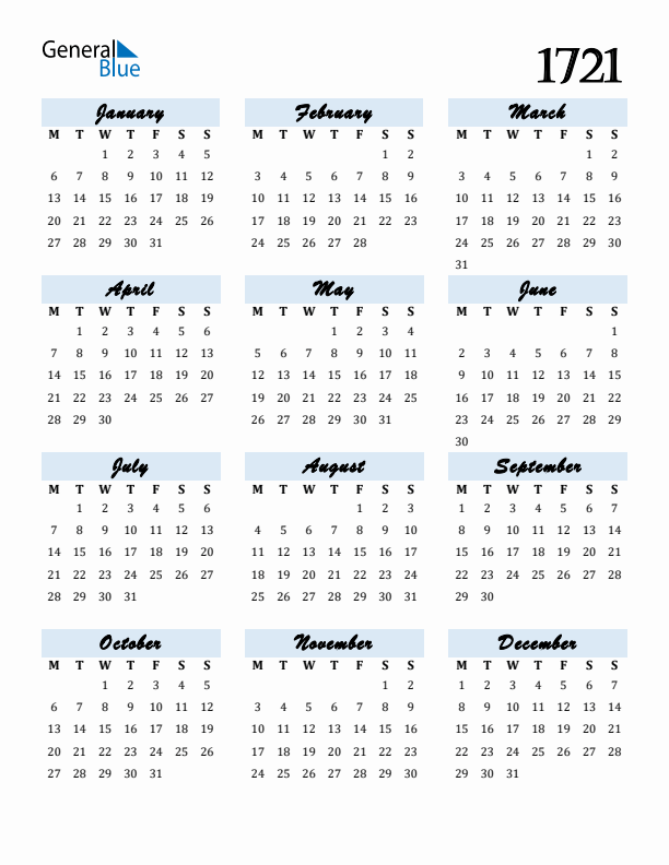 Calendar 1721 Free Download and Print