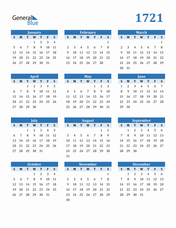 1721 Year Calendar with Sunday Start