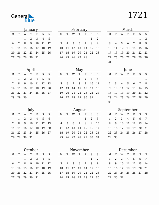 Free Printable Calendar 1721 with Monday Start