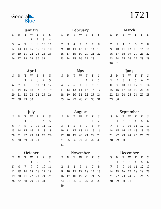 Free Printable Calendar 1721 with Sunday Start
