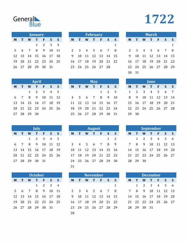 1722 Year Calendar with Monday Start