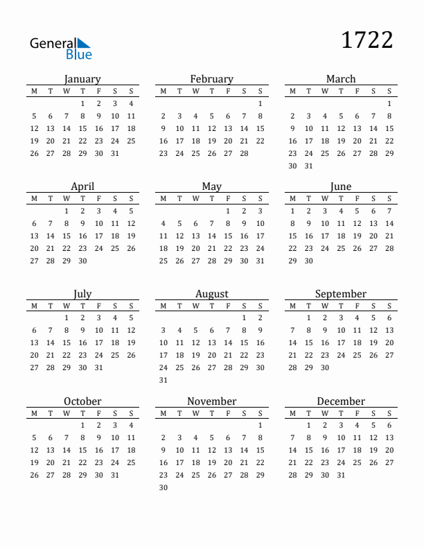 Free Printable Calendar 1722 with Monday Start