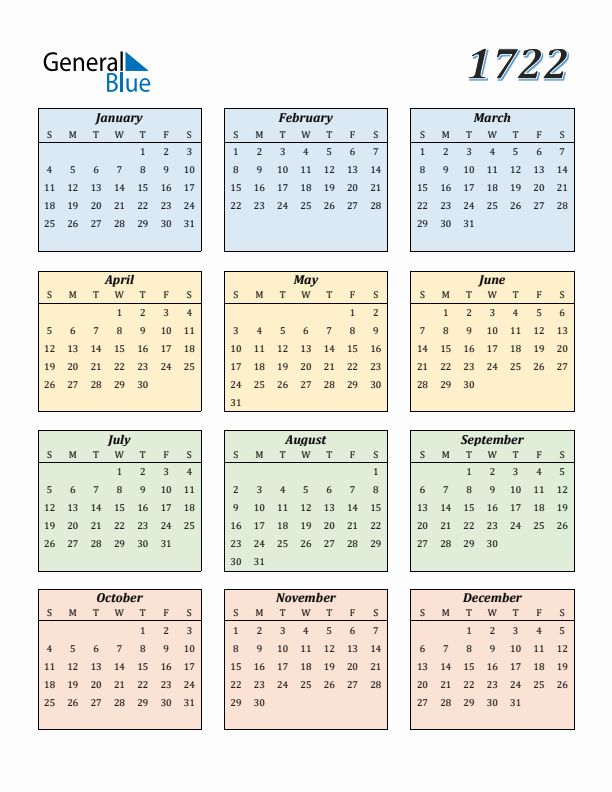 Calendar for 1722 (Sunday Start)