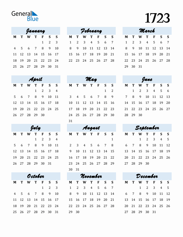 Calendar 1723 Free Download and Print