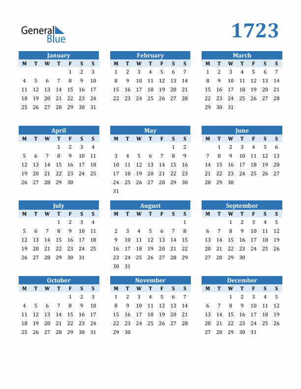 1723 Year Calendar with Monday Start
