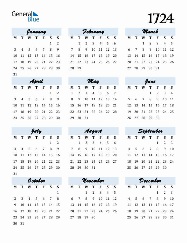 Calendar 1724 Free Download and Print