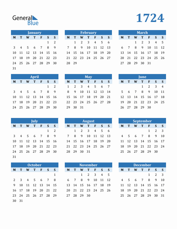1724 Year Calendar with Monday Start