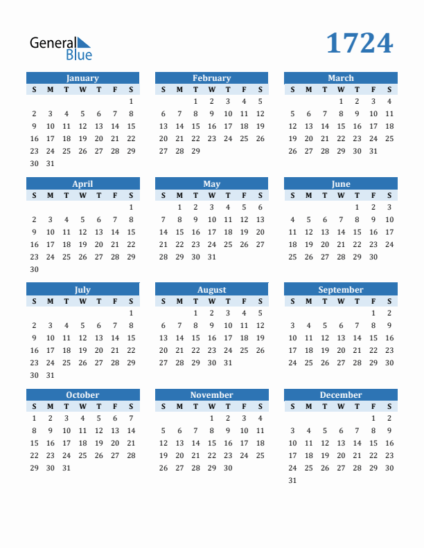 1724 Year Calendar with Sunday Start