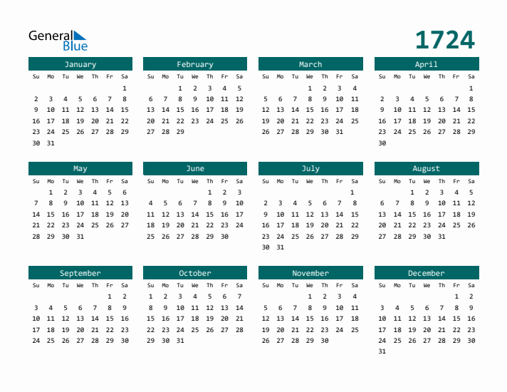 Downloadable 1724 Calendar