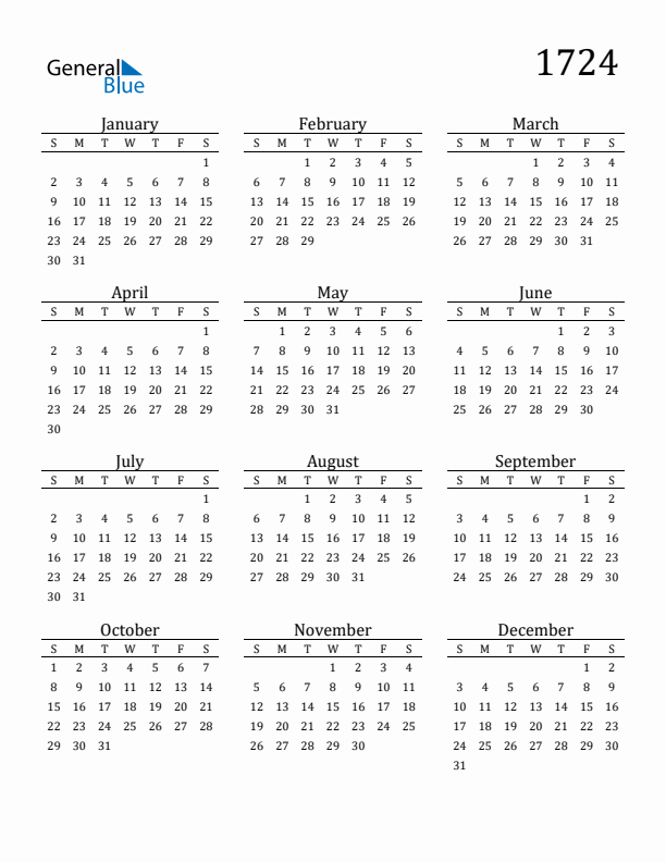 Free Printable Calendar 1724 with Sunday Start