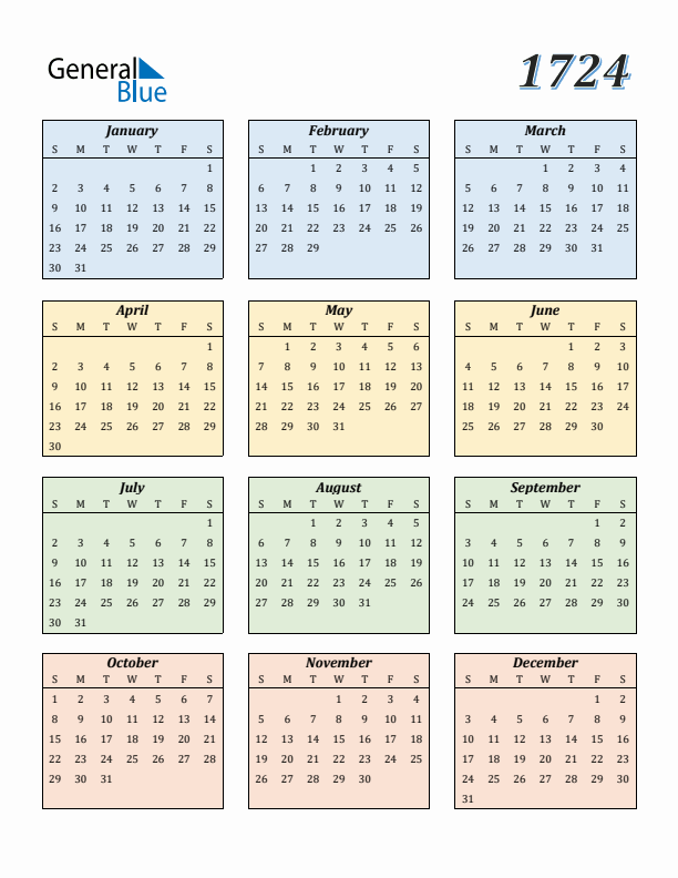 Calendar for 1724 (Sunday Start)