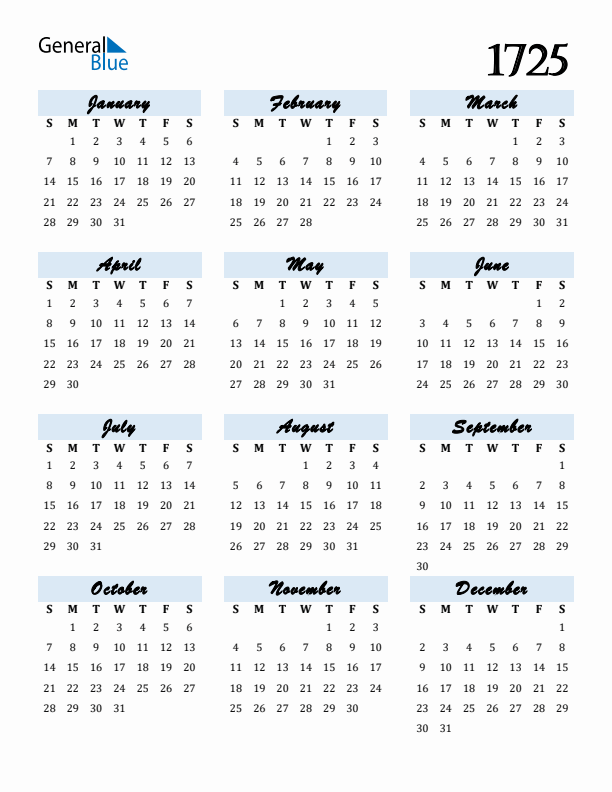 Calendar 1725 Free Download and Print