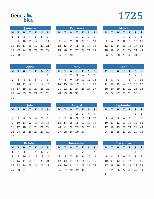 1725 Year Calendar with Monday Start