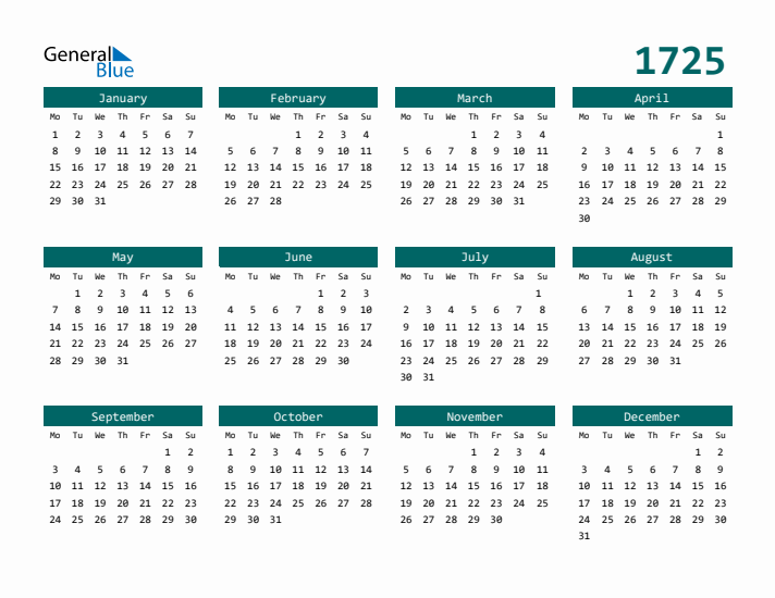 Downloadable 1725 Calendar