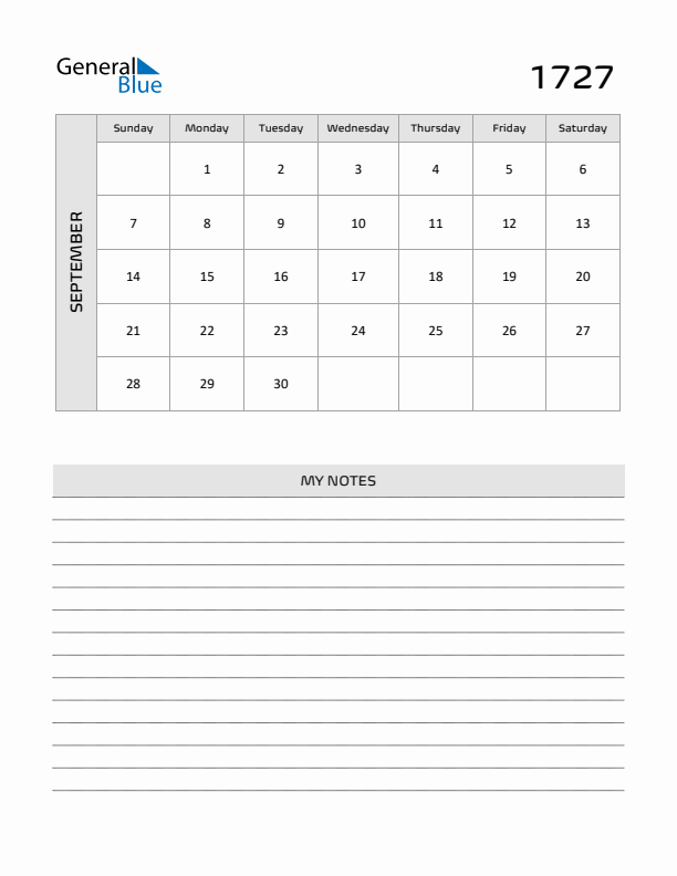 September 1727 Calendar Printable