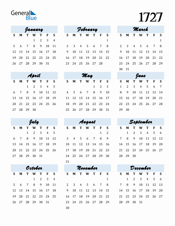 Calendar 1727 Free Download and Print