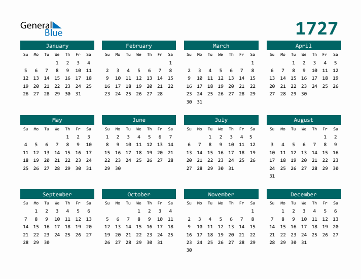 Downloadable 1727 Calendar