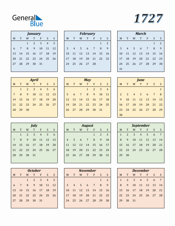 Calendar for 1727 (Monday Start)