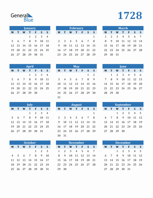 1728 Year Calendar with Monday Start