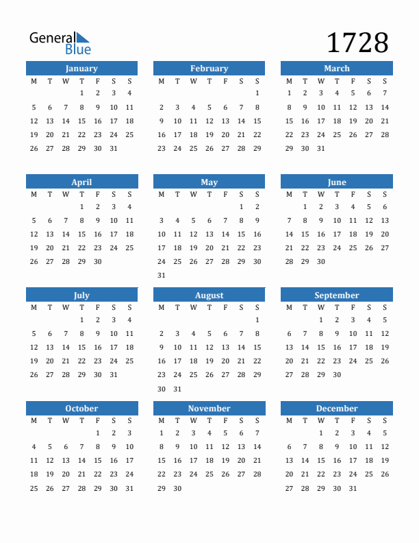 1728 Calendar