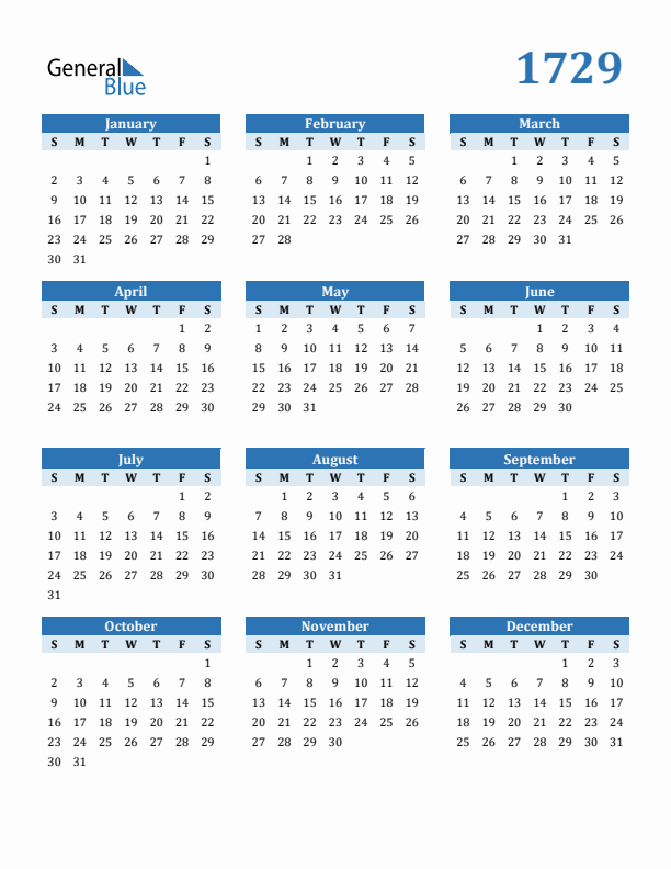 1729 Year Calendar with Sunday Start