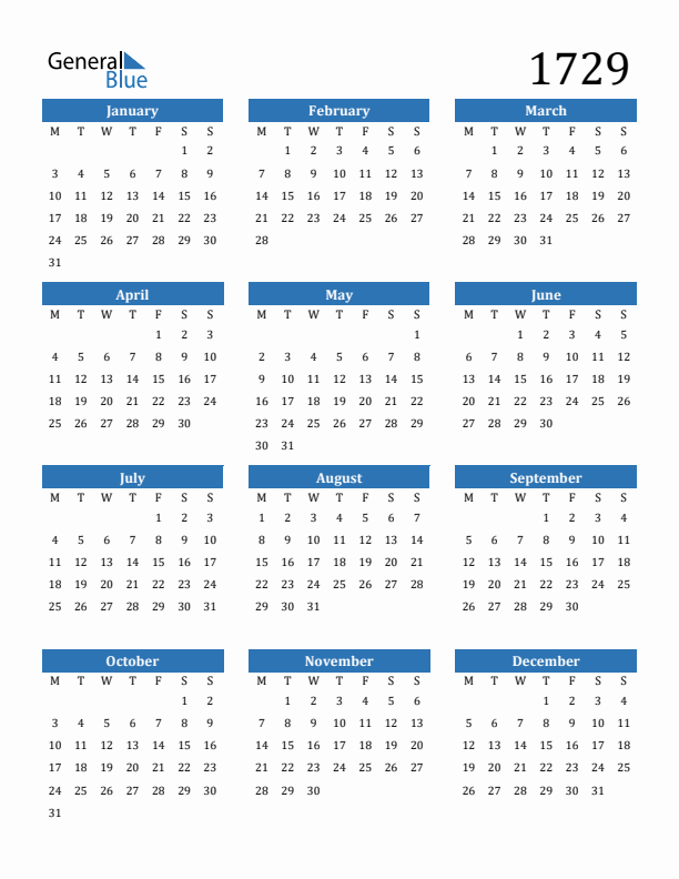 1729 Calendar