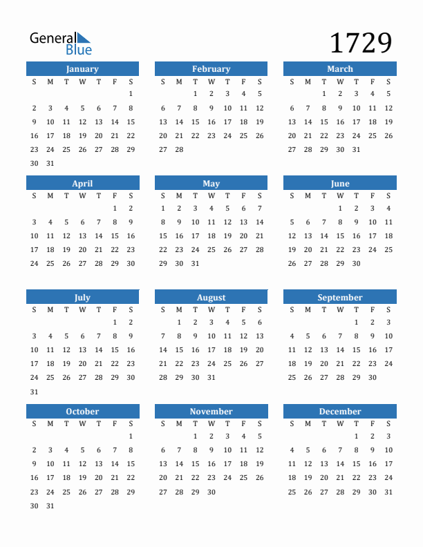 1729 Calendar