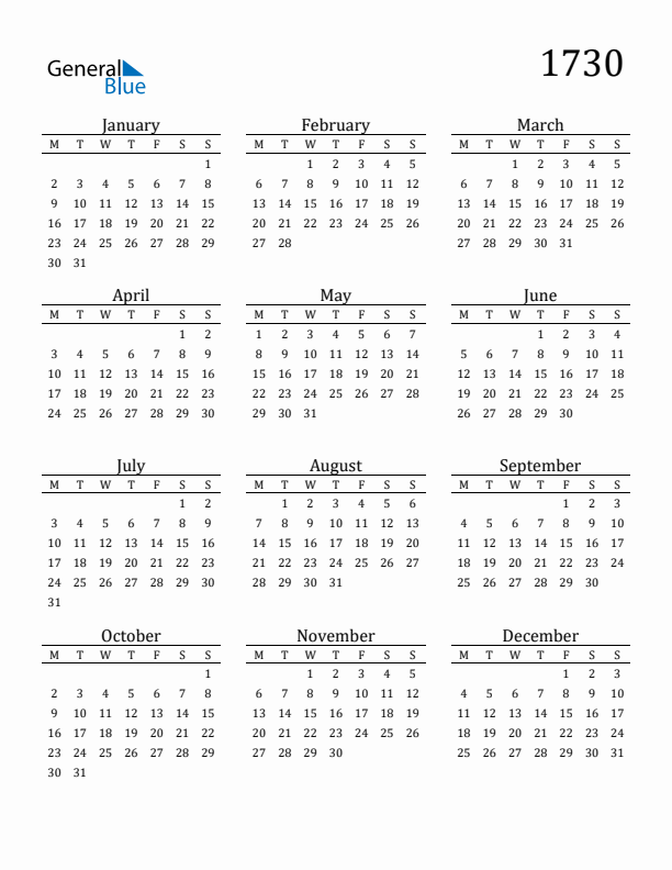 Free Printable Calendar 1730 with Monday Start
