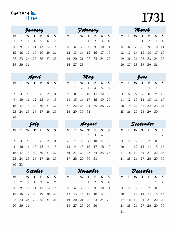 Calendar 1731 Free Download and Print