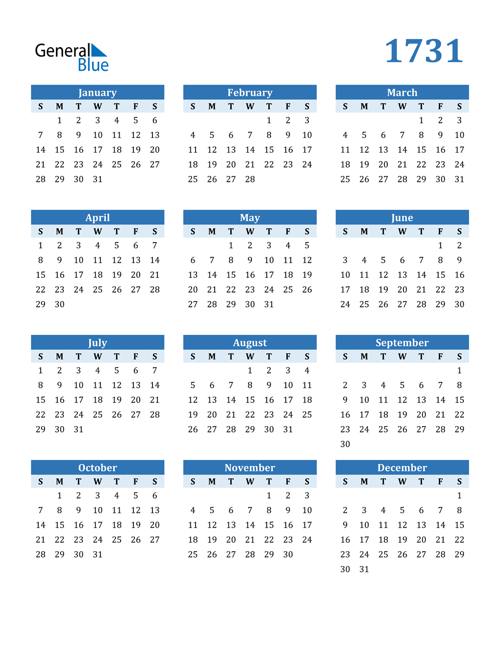 1731 Calendar (PDF Word Excel)