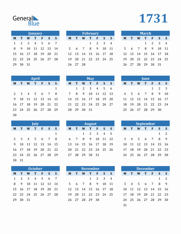 1731 Year Calendar with Monday Start