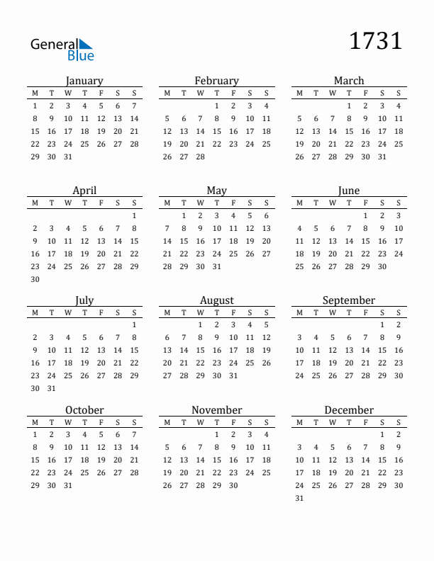 Free Printable Calendar 1731 with Monday Start