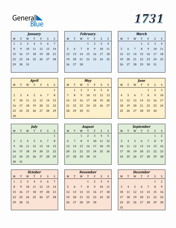 Calendar for 1731 (Monday Start)