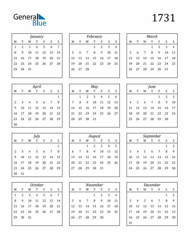 Blank Calendar 1731