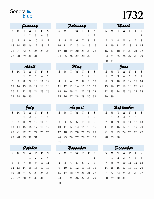 Calendar 1732 Free Download and Print