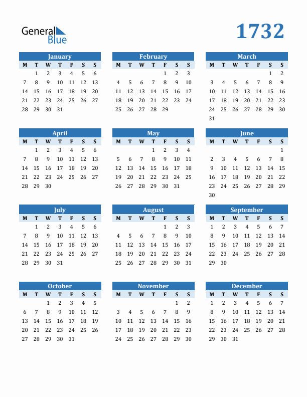 1732 Year Calendar with Monday Start