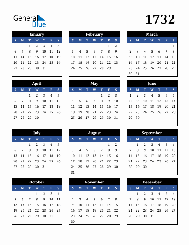 Editable Calendar 1732 - Sunday Start
