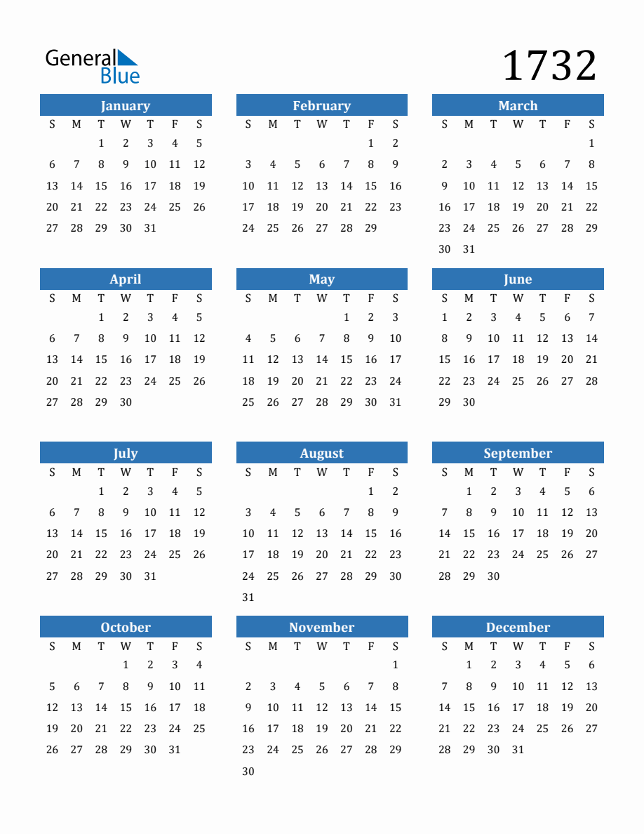 1732 Yearly Calendar