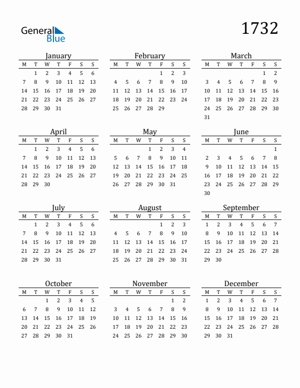 Free Printable Calendar 1732 with Monday Start