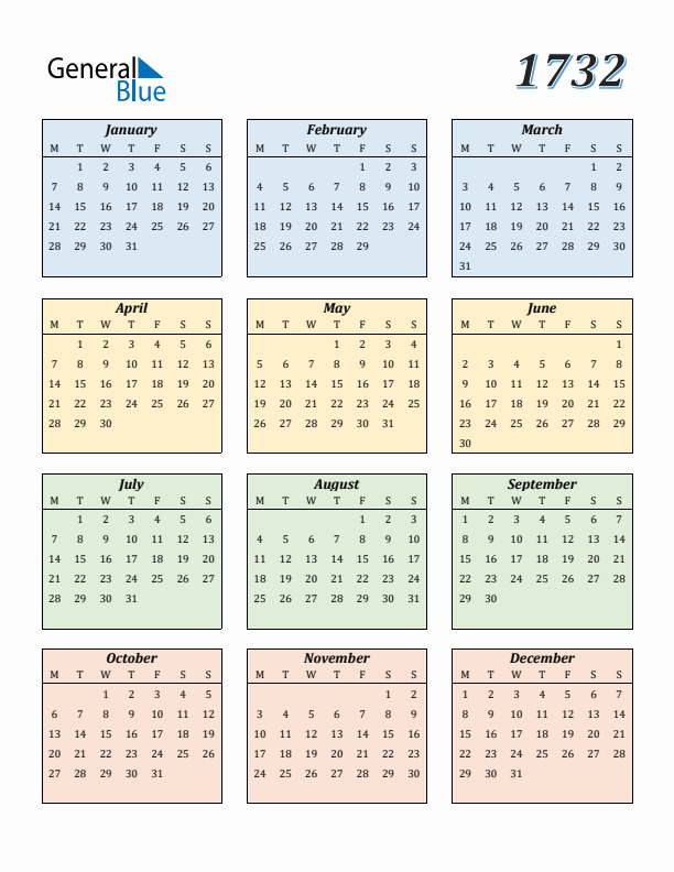Calendar for 1732 (Monday Start)