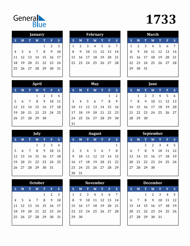 Editable Calendar 1733 - Sunday Start