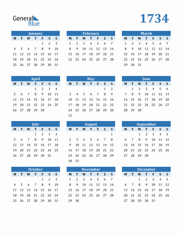 1734 Year Calendar with Monday Start
