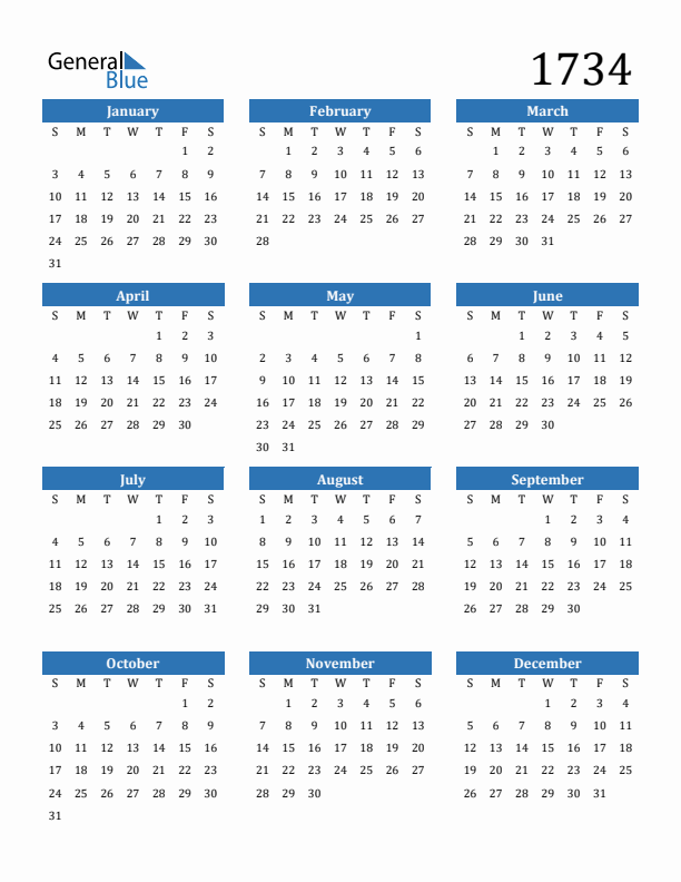 1734 Calendar