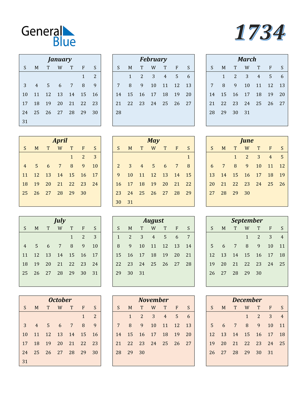 1734 Calendar (PDF, Word, Excel)
