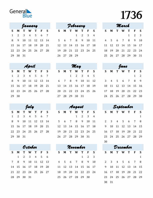 Calendar 1736 Free Download and Print