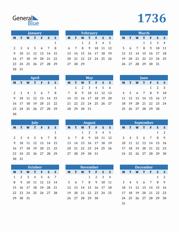 1736 Year Calendar with Monday Start