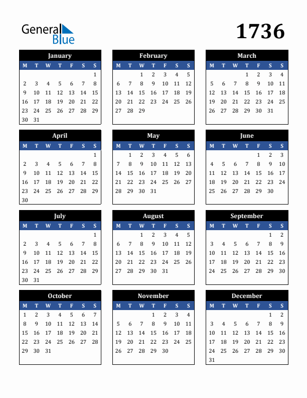 Editable Calendar 1736 - Monday Start