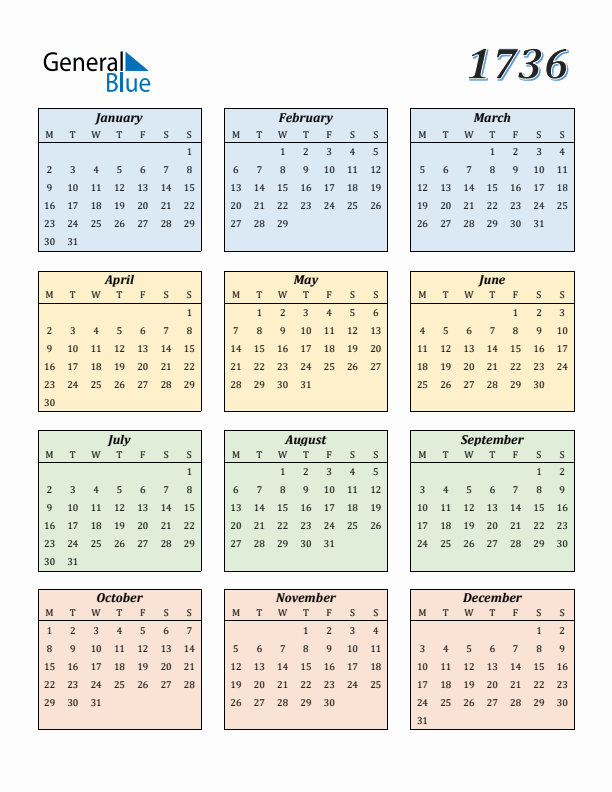 Calendar for 1736 (Monday Start)