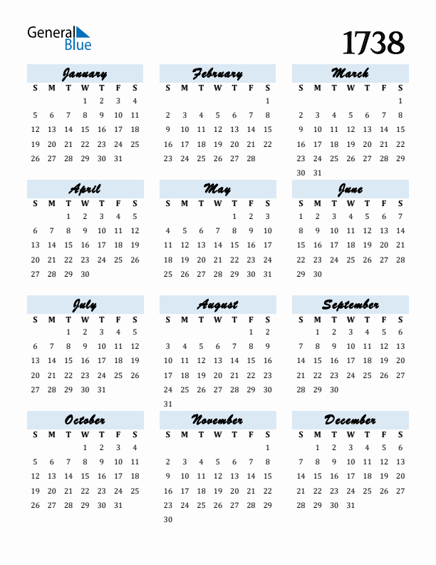 Calendar 1738 Free Download and Print